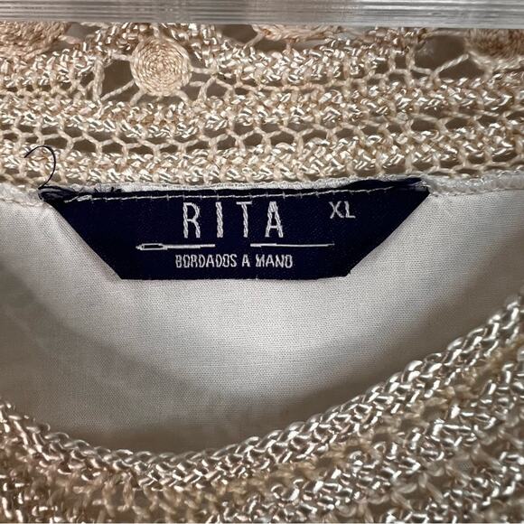 Rita Bordados a Mano XL cream color tunic top with handmade embroidered trim - Picture 3 of 6